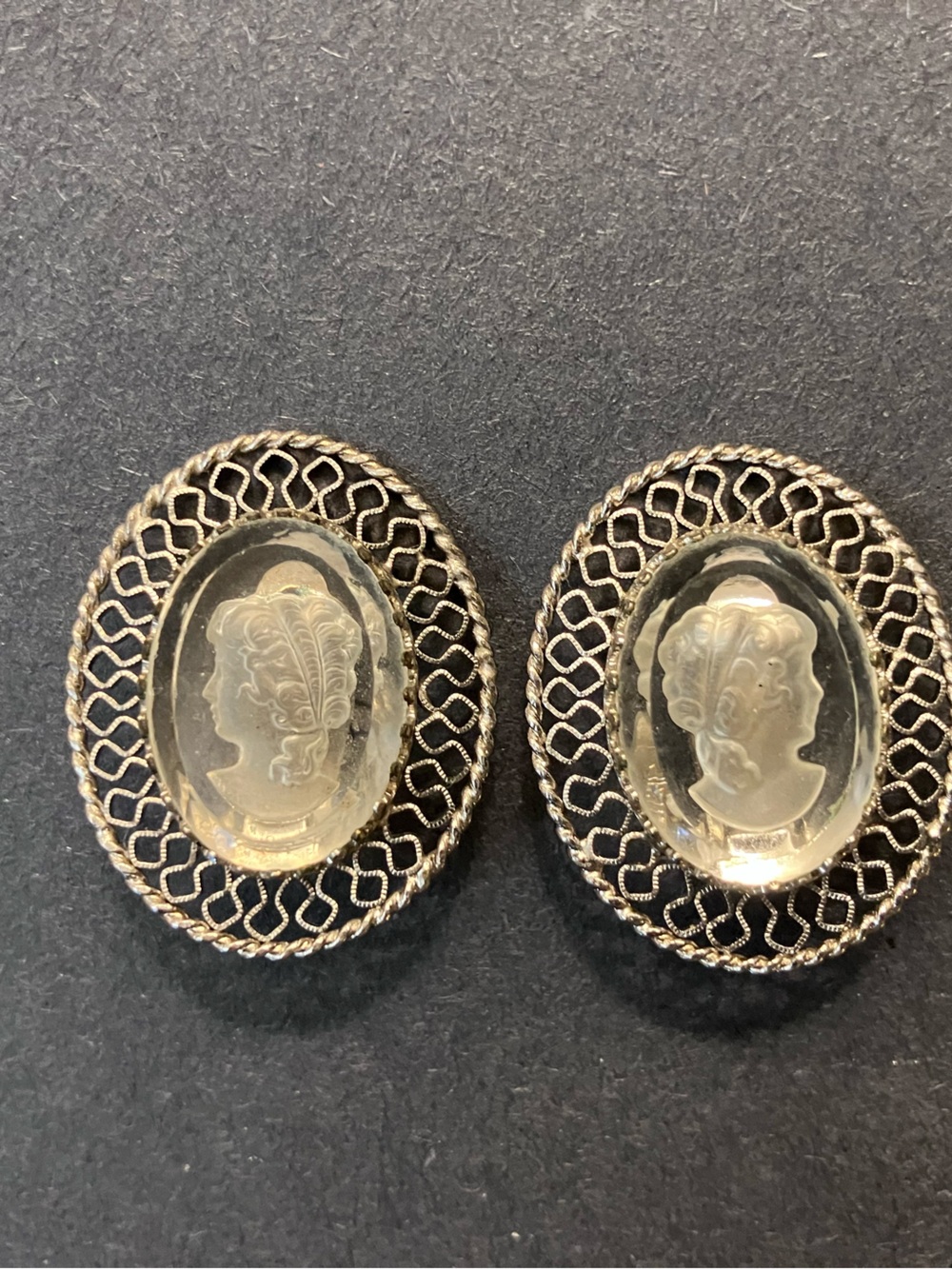 Whiting & Davis Reverse Cameo Earrings Clear Glass Silver Tone Clip On Vintage